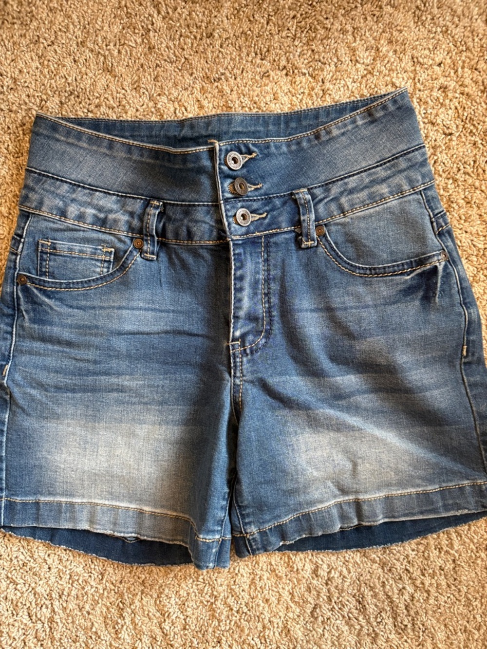 Suzanne Betro Medium Blue High-Rise Triple-Button Denim Shorts